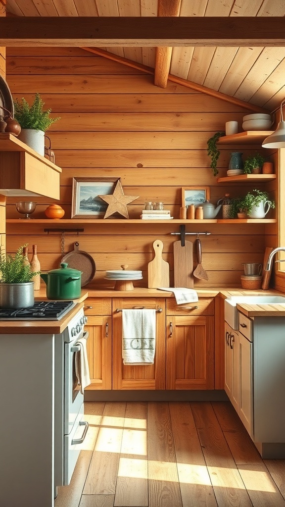 A rustic farmhouse kitchen featuring wooden shiplap walls, shelves with decor, and a cozy atmosphere.