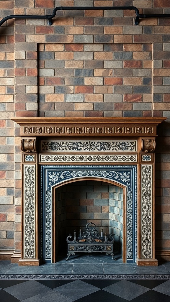 A stone brick fireplace with an elegant tile surround featuring intricate designs and warm tones.