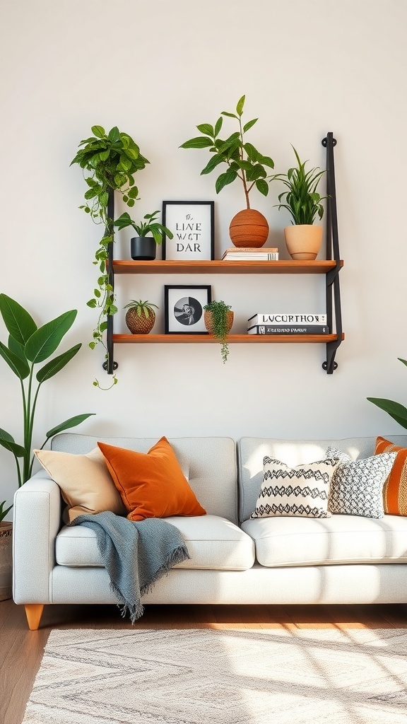 A stylish ladder shelf with plants and decorative items above a couch.