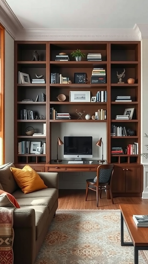 A living room with built-in shelves and a desk space, featuring books, decorative items, and a computer.