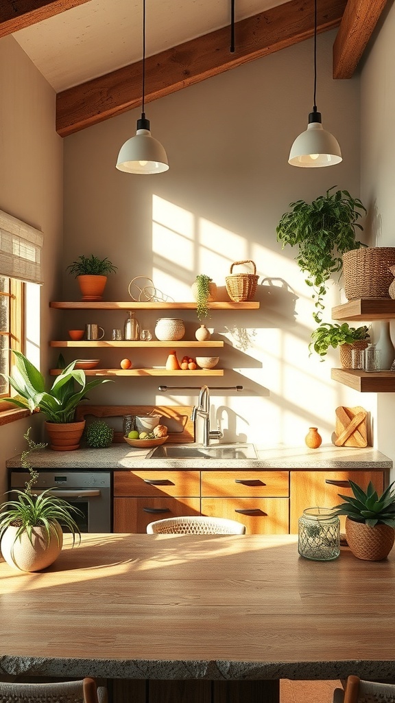 A cozy boho kitchen with layered lighting, showcasing wooden beams, plants, and warm tones.