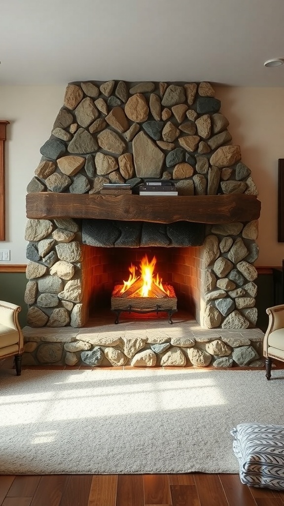 A cozy fireplace made of natural stones with a wooden mantel and a warm fire burning inside.