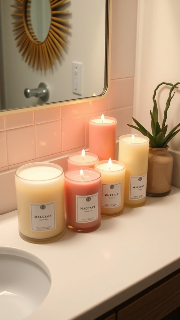 A collection of scented candles in pastel colors arranged on a bathroom countertop.