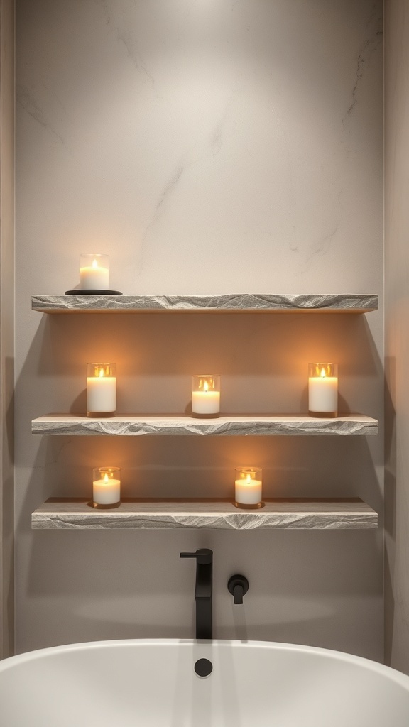 Natural stone shelves with candles in a modern bathroom setting