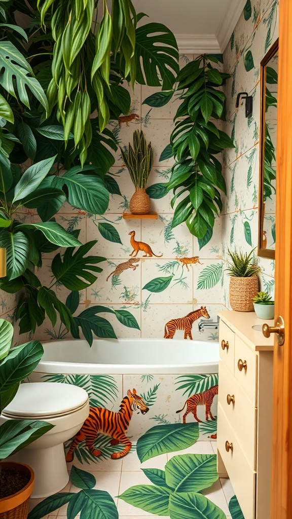 A jungle-themed kids bathroom with green leaves, tigers, and plants.