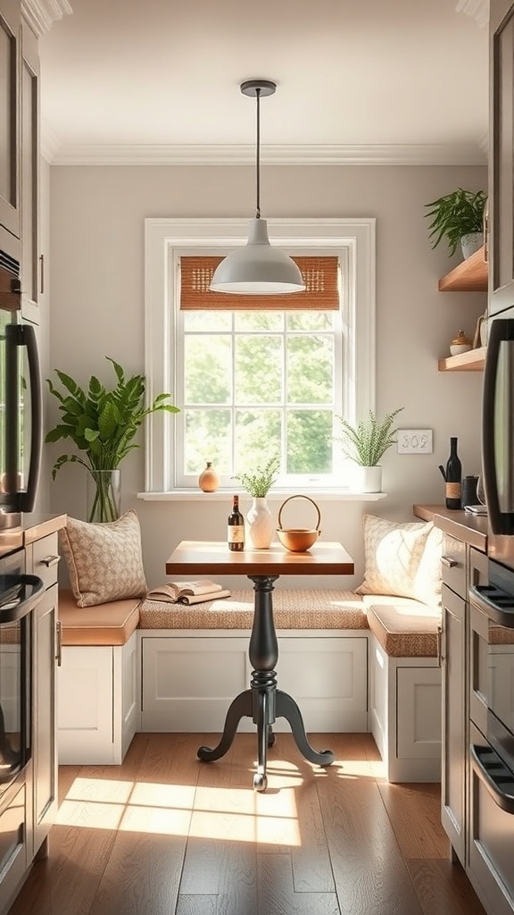 A cozy breakfast nook with a table and comfortable seating, surrounded by plants and natural light.