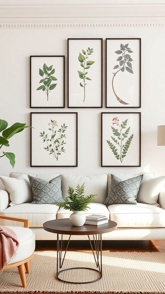 Five framed botanical prints featuring various leaves and plants above a couch