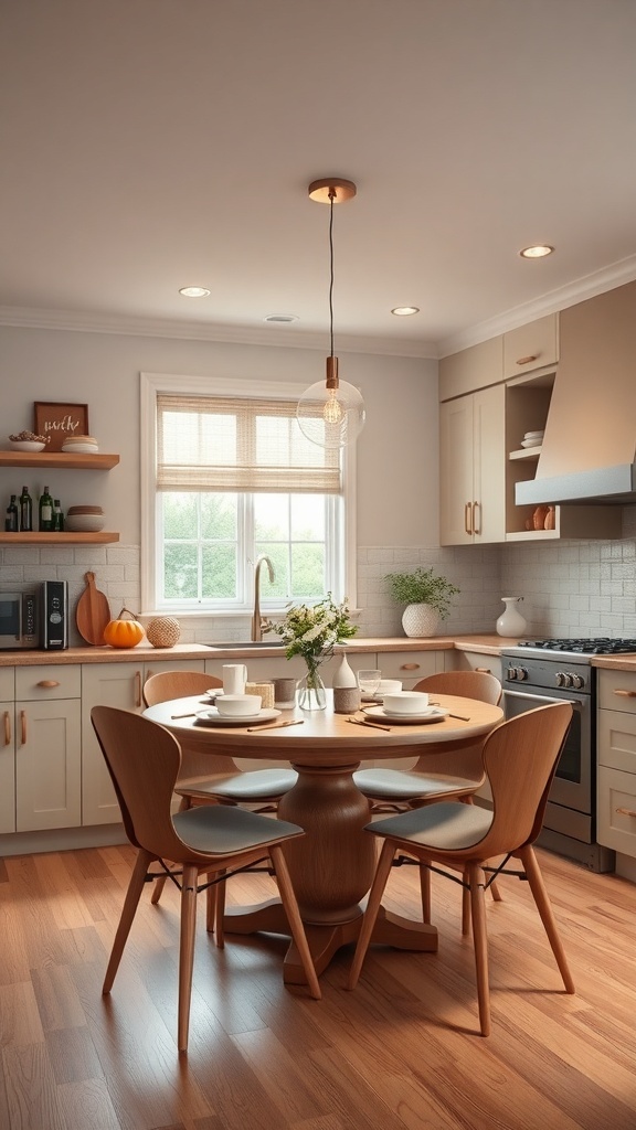 A contemporary dining nook featuring a round wooden table with four chairs, a window with natural light, and a cozy kitchen atmosphere.