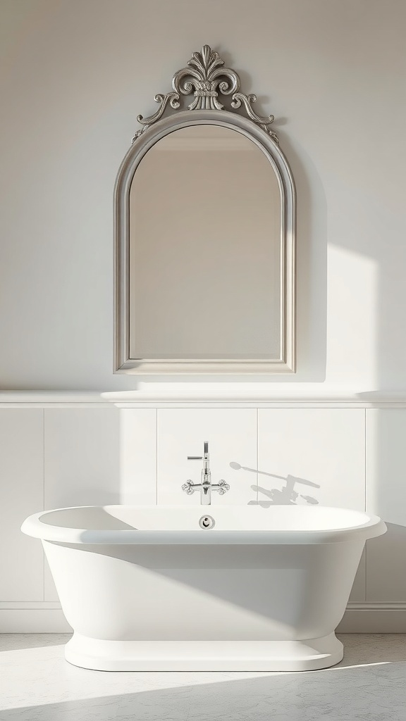 Elegant bathroom with a white tub and an ornate mirror above it.