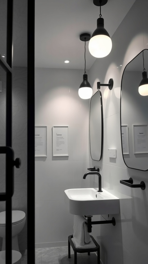 A modern black and white bathroom featuring stylish pendant and wall-mounted lighting fixtures.