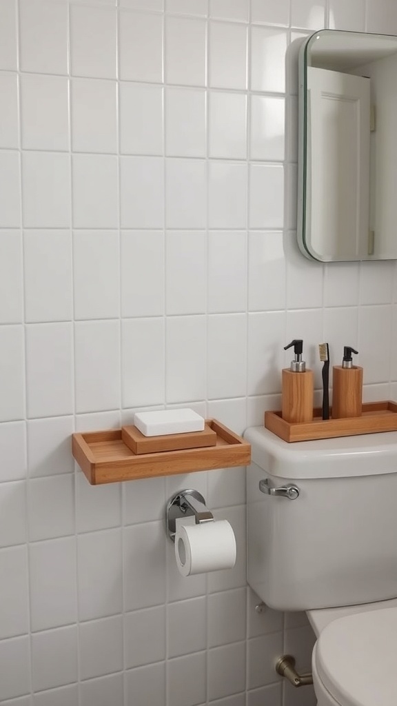 A modern bathroom featuring wooden bath accessories including trays and containers, set against white tiled walls.