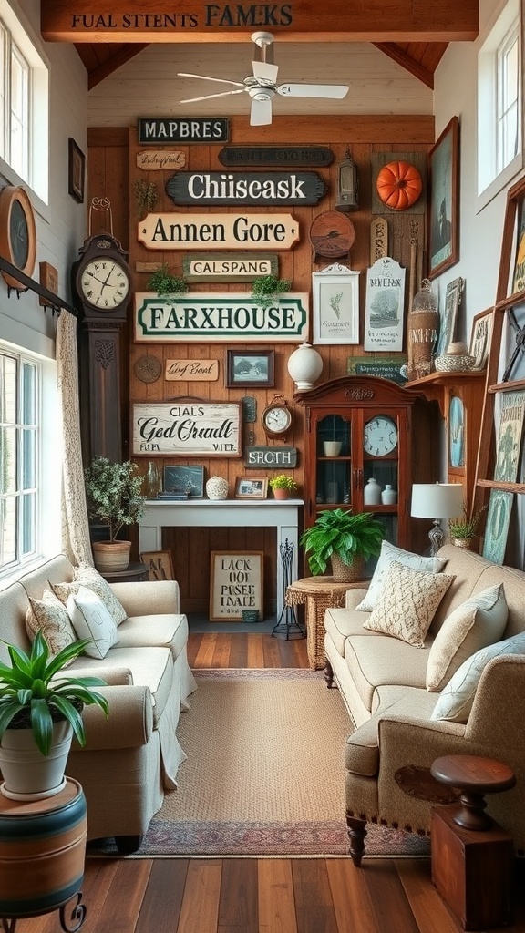 Cozy vintage farmhouse living room with signs on the wall, soft sofas, and plants.