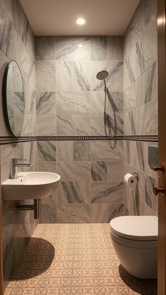 Modern men's bathroom with marble-like wall tiles and patterned floor tiles