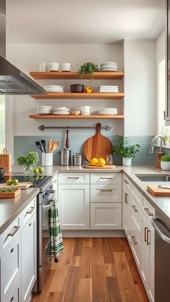 A modern kitchen with white cabinetry, open shelving, and a clean layout.
