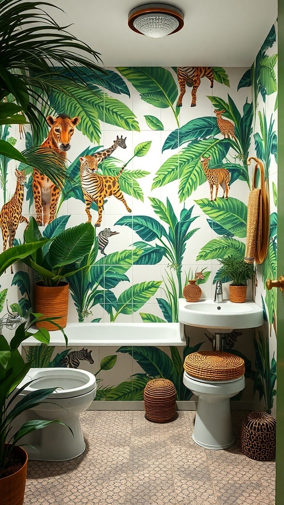 A jungle-themed bathroom with animal wallpaper and green plants.