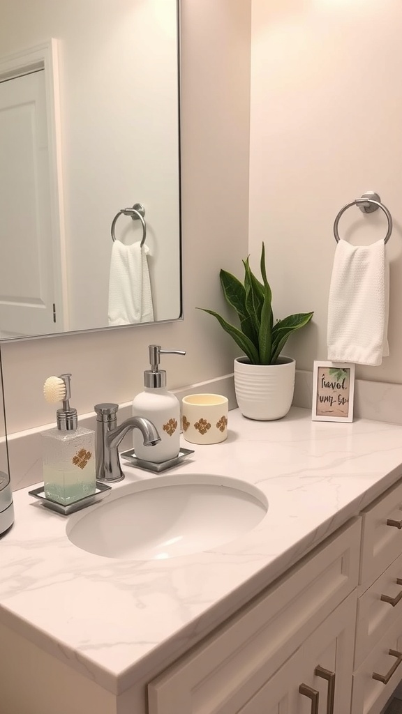 A stylish bathroom countertop with modern accessories, including a plant, soap dispenser, and decorative sign.