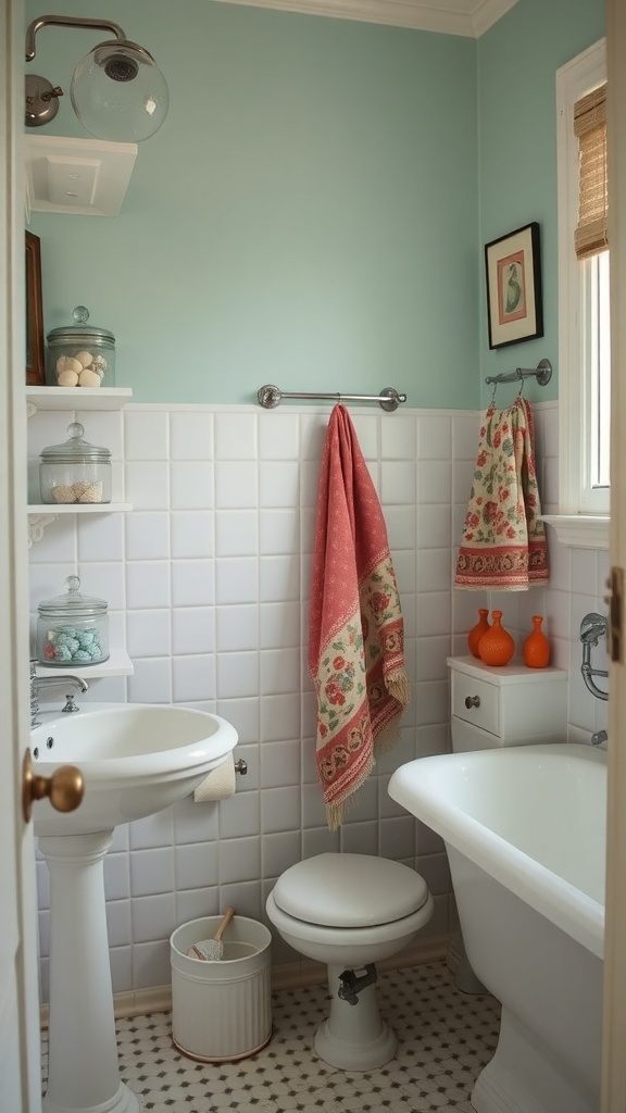 A vintage bathroom with soft blue walls, white tiles, decorative glass jars, patterned towels, and small orange pumpkins.