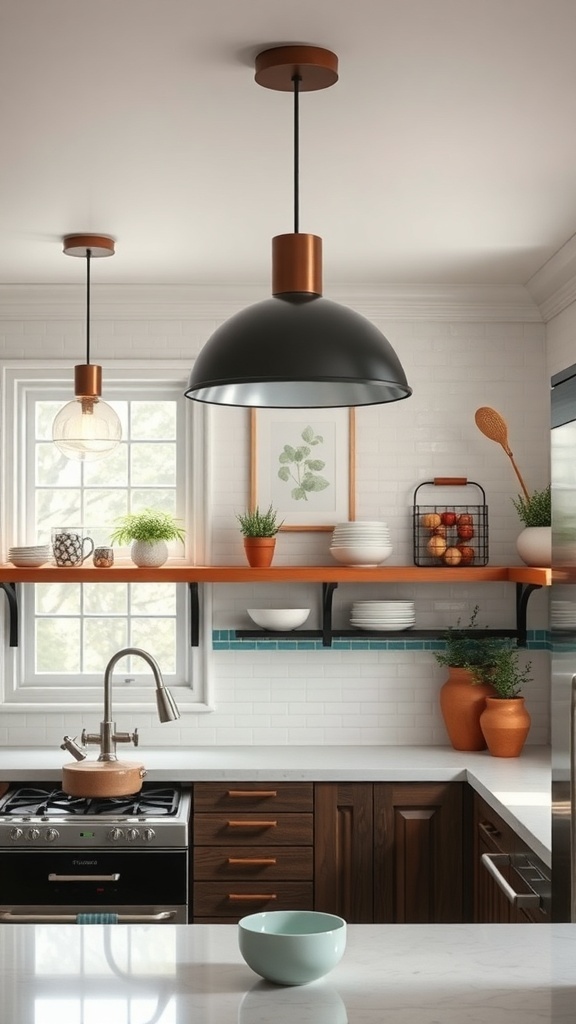 A modern kitchen featuring stylish lighting fixtures and decorative shelving.