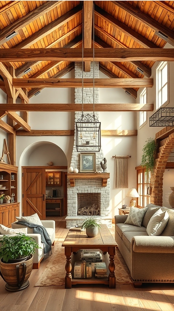 A rustic living room with wood beams, stone accents, and cozy furniture.