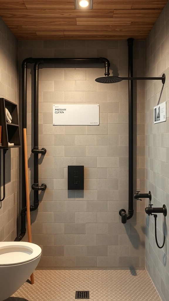 Industrial bathroom featuring exposed black pipes and fixtures against gray tiles.