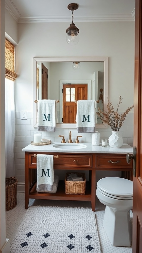 A cozy bathroom featuring monogrammed towels, a wooden vanity, and stylish lighting.