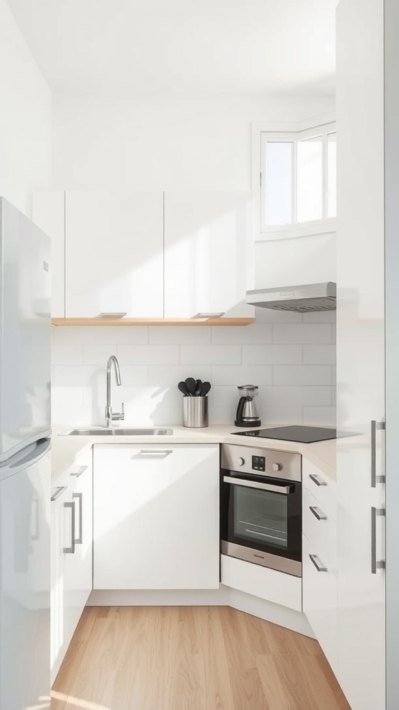 A modern small kitchen with hidden appliances and bright natural light, showcasing a minimalist design and smart storage solutions.