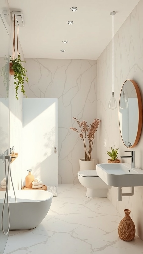 A zen bathroom featuring organic shapes, including a freestanding bathtub, round mirror, and natural plants.