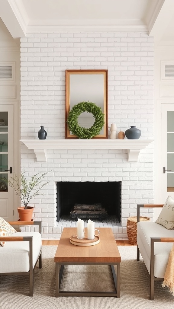 Chic whitewashed brick fireplace with a wooden mantel, mirror, and green wreath, surrounded by cozy seating.