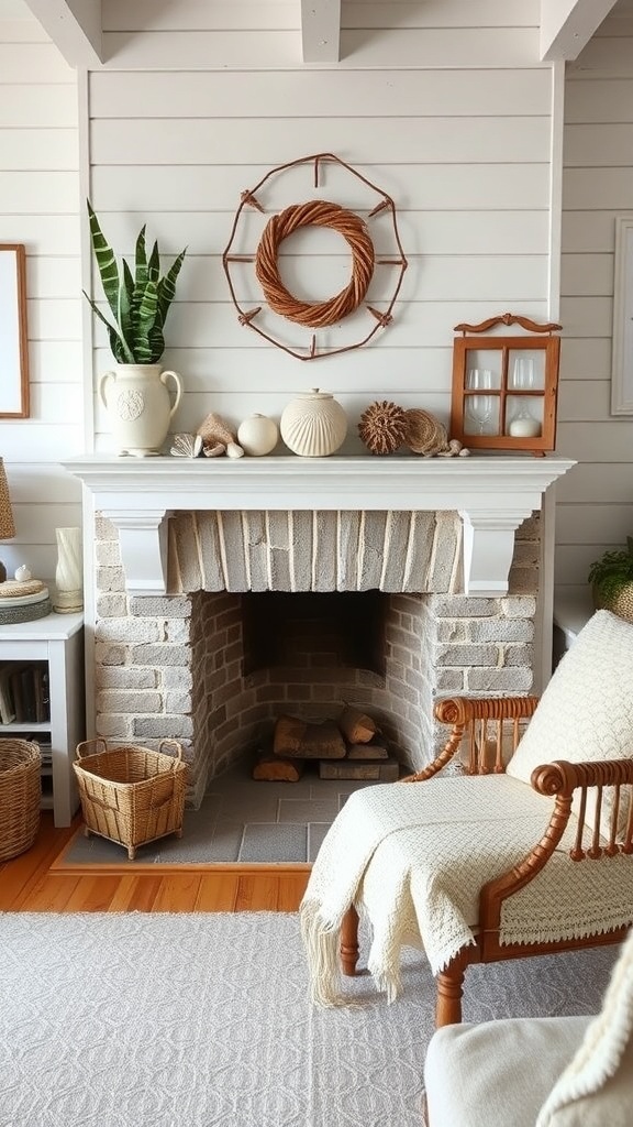 Cozy coastal farmhouse living room with a rustic fireplace, white shiplap wall, and natural decor.
