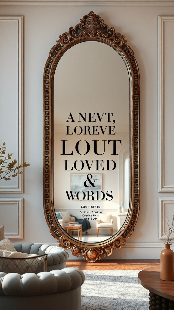 An ornate wall mirror with artistic design and text, reflecting a stylish living room.
