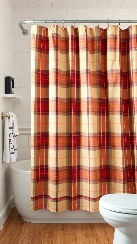 A plaid shower curtain in red, orange, and cream colors hanging in a bathroom.