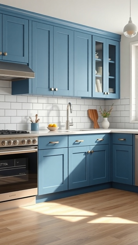 Artisan blue kitchen cabinets with unique hardware in a modern kitchen setting.