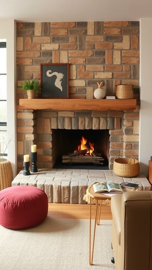 A cozy fireplace with a stone hearth extension, surrounded by a warm and inviting living space.