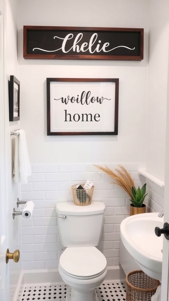 A cozy bathroom with personalized decor items including framed signs and plants.