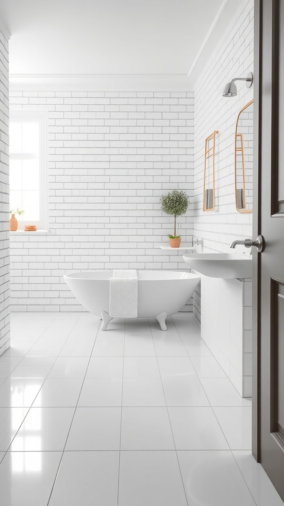 Bright white bathroom with glossy tiles and modern fixtures