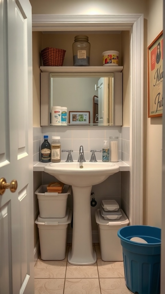 A small bathroom with a sink surrounded by organized storage bins and shelves.