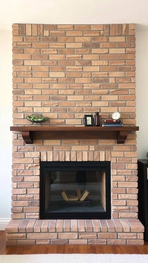 A brick fireplace with a stone veneer overlay, featuring a wooden mantel and minimal decor.