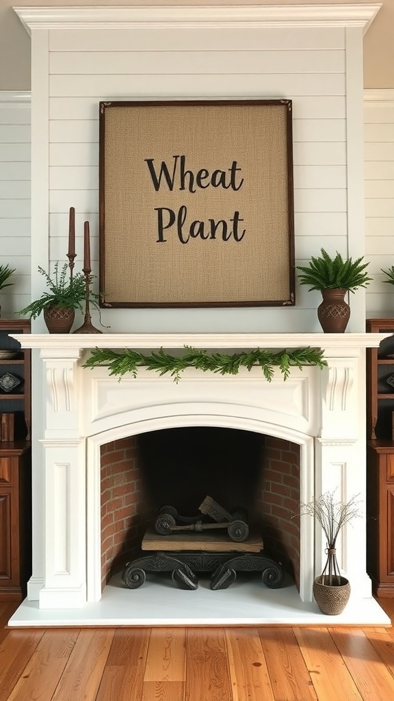 Farmhouse living room fireplace with a large 'Wheat Plant' art piece above the mantel, surrounded by potted plants and candles.