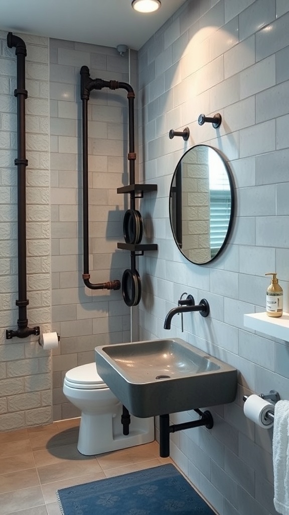 Industrial chic bathroom with metal accents and gray tiles