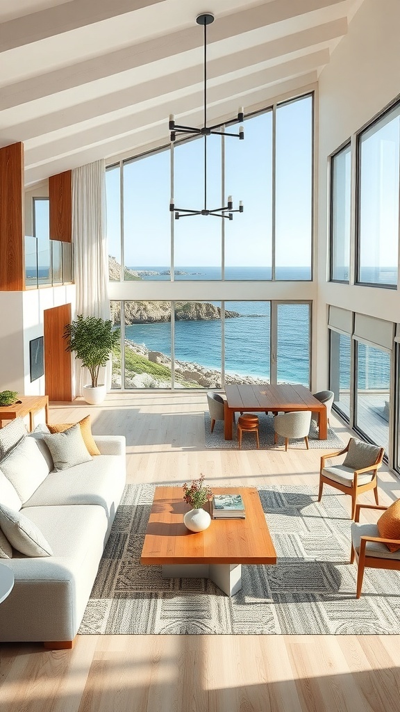 A bright coastal farmhouse living room with large windows, showcasing ocean views and an open concept layout.