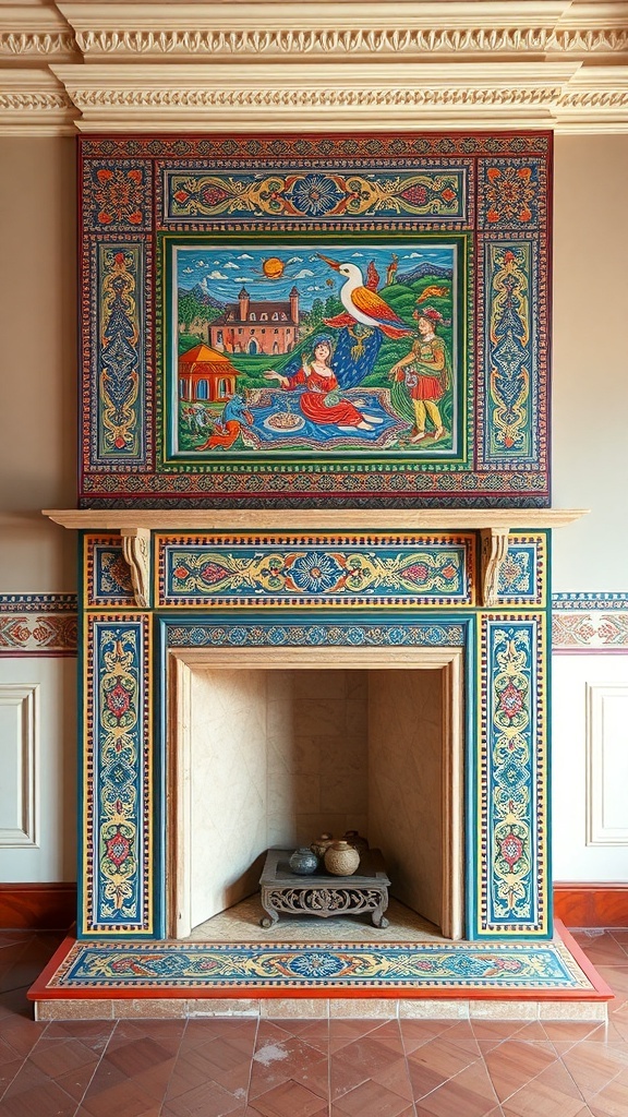 A beautifully tiled fireplace featuring colorful decorative tiles with intricate designs.