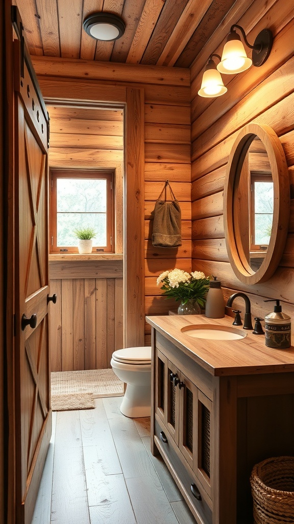 Rustic bathroom with wooden walls, a wooden vanity, and natural lighting.