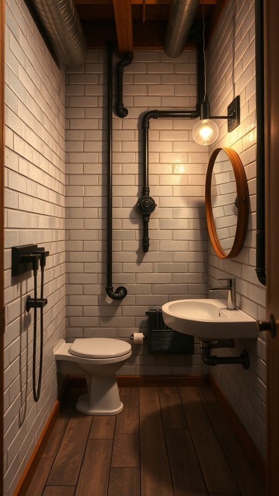A small bathroom featuring industrial chic decor with exposed pipes, white subway tiles, and wooden accents.