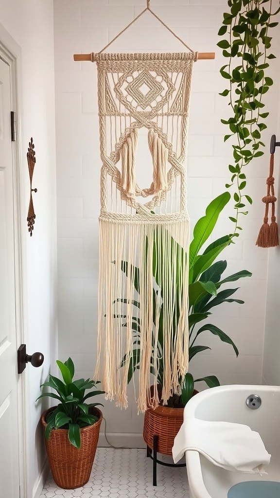 A macrame wall hanging with a diamond pattern, surrounded by plants in a bathroom setting.