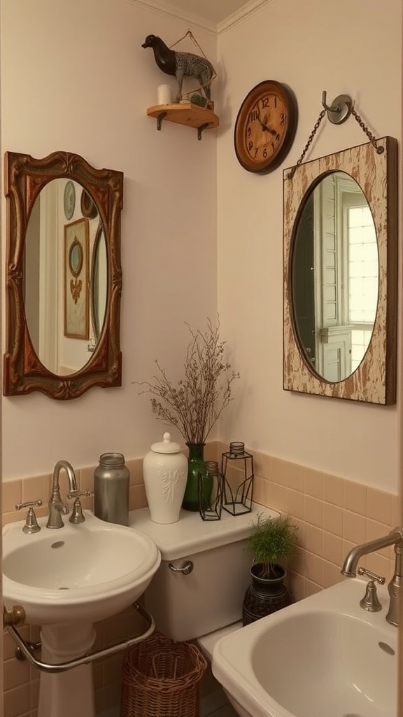 A vintage-inspired bathroom with ornate mirrors, a wall clock, and decorative items.