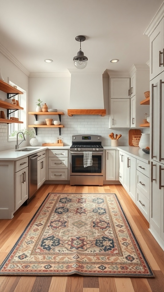A stylish rug in a modern farmhouse kitchen with light cabinets and open shelving.