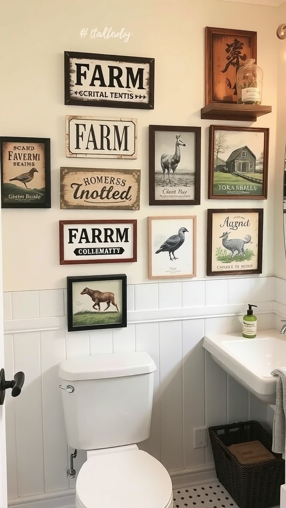 A collection of farm-inspired wall art in a bathroom, featuring various framed pieces with farm themes.