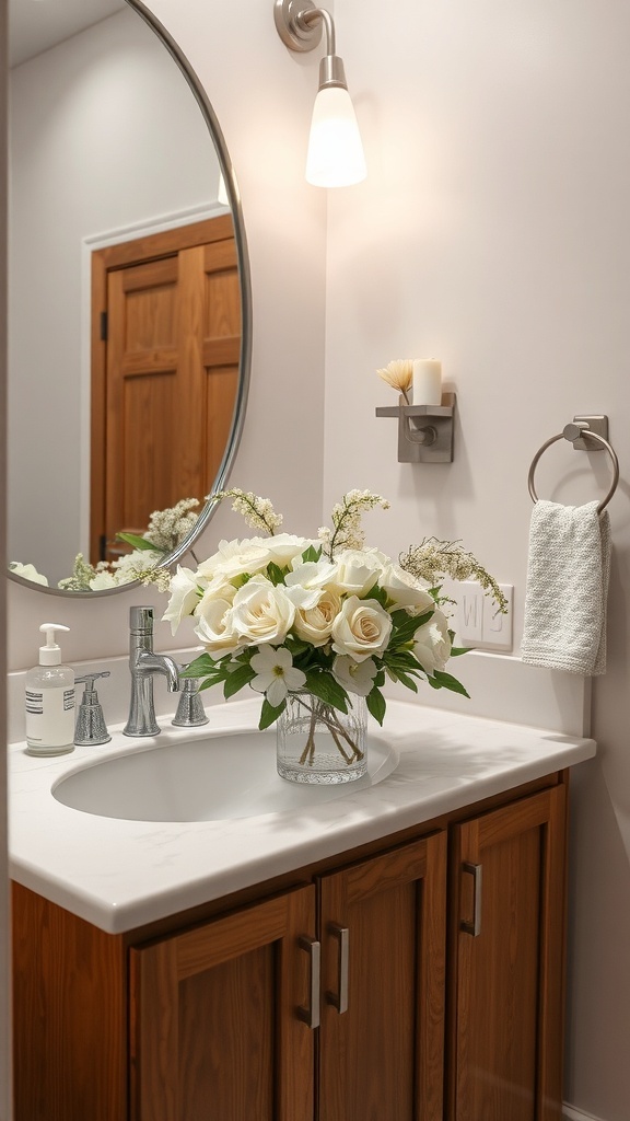 A white floral arrangement of roses in a bathroom setting.