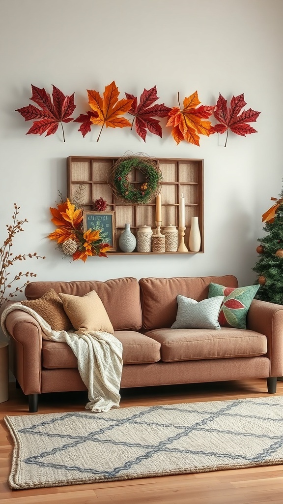 Cozy living room decor with autumn leaves above a couch