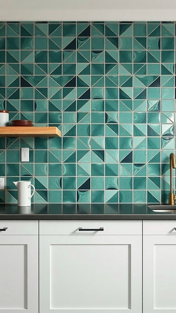 A modern kitchen featuring a forest green geometric tile backsplash with various shades of green.